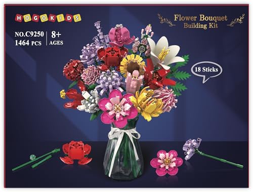 Flower Bouquet Building Set – 1464PCS Artificial Botanical Collection with 18 Stems, Creative Gift for Adults & Teens, Home Décor