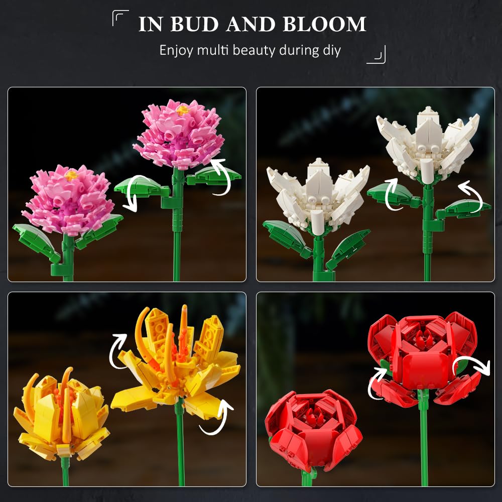 Flower Bouquet Building Set – 1464PCS Artificial Botanical Collection with 18 Stems, Creative Gift for Adults & Teens, Home Décor