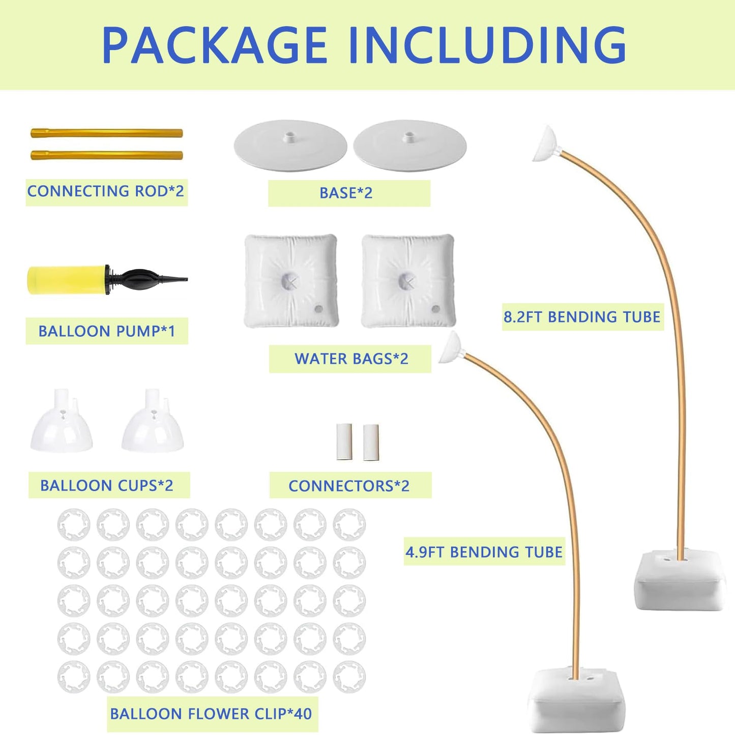 Balloon Arch Stand Set – 2.5m & 1.5m Freely Bendable Half Balloon Column Stands with Bases, Water Bags & Accessories (Gold)