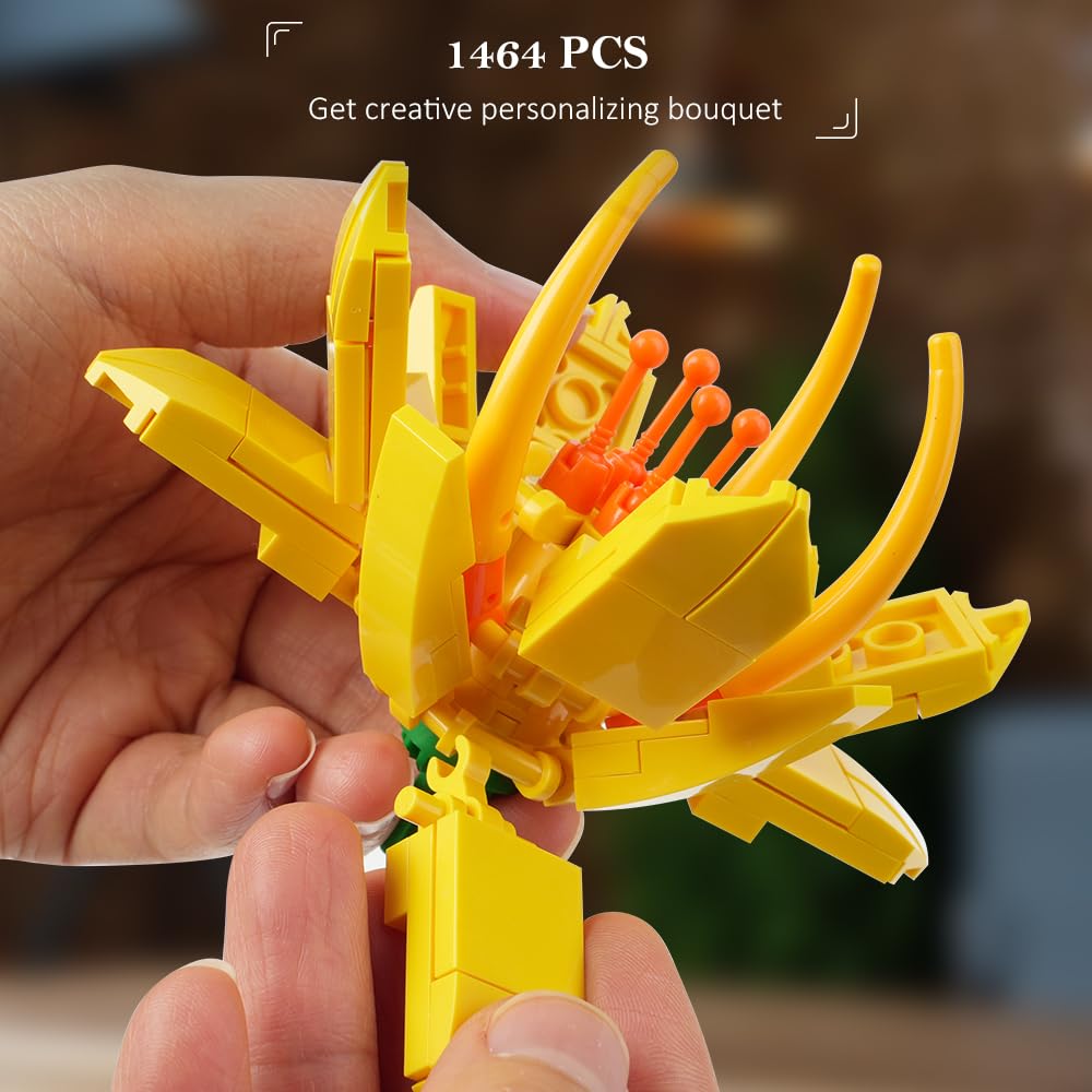 Flower Bouquet Building Set – 1464PCS Artificial Botanical Collection with 18 Stems, Creative Gift for Adults & Teens, Home Décor