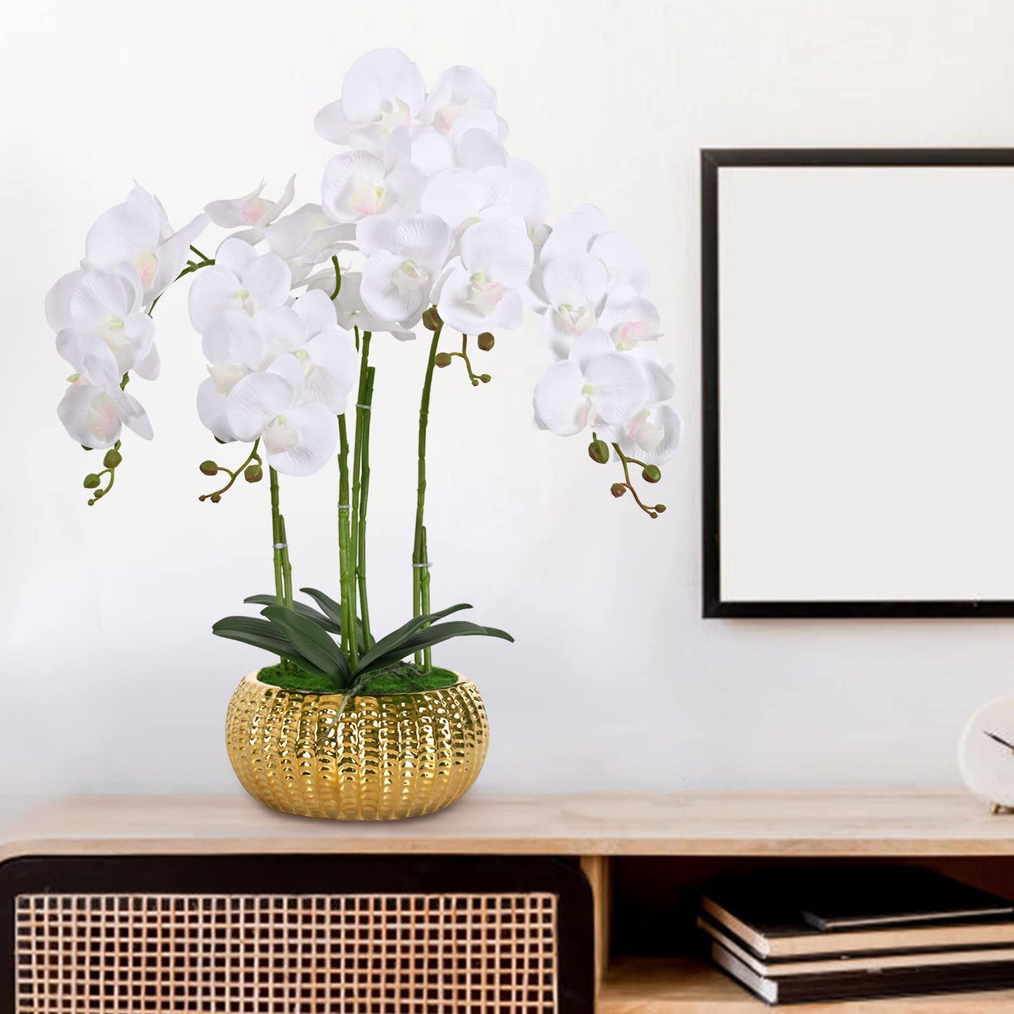 LIVILAN Artificial WhiteArtificial White Orchid Silk Flower with Gold Vase – Faux Phalaenopsis for Home, Kitchen & Table Centerpieces Orchid Silk Flower Fake Plant with Gold Vase - Faux Phalaenopsis for Home Decor, Kitchen, Table Centerpieces