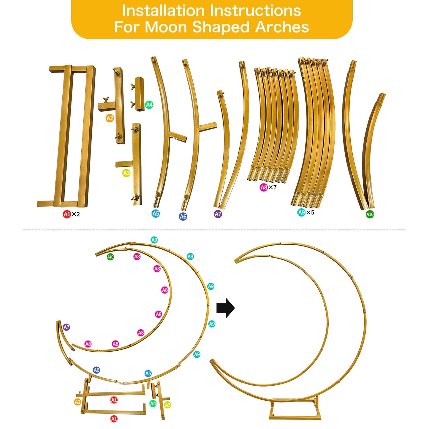 6.6FT Curved Moon Balloon Arch Stand – Gold Metal Wedding Backdrop Frame with Rectangular Base, Perfect for Weddings, Baby Showers & Parties