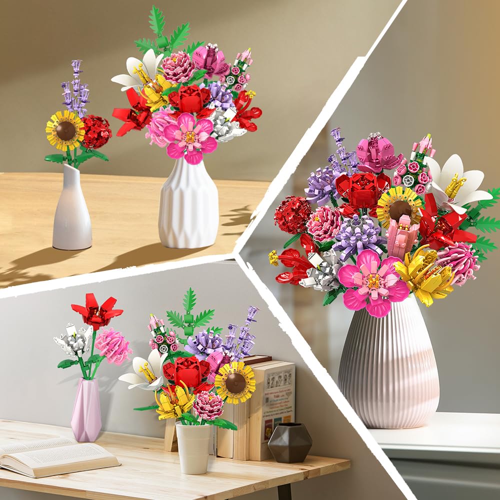 Flower Bouquet Building Set – 1464PCS Artificial Botanical Collection with 18 Stems, Creative Gift for Adults & Teens, Home Décor