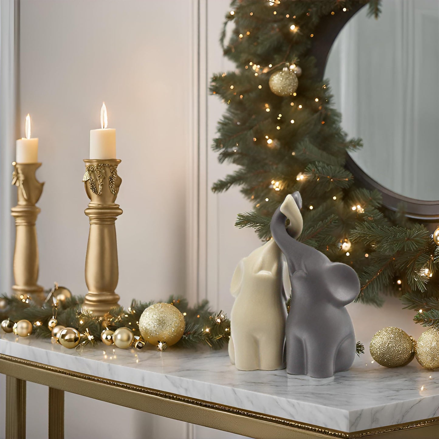 Loving Elephant Pair Sculpture – Modern Ceramic Decoration Set (Beige & Grey, 16cm High) – Ideal Gift for Couples