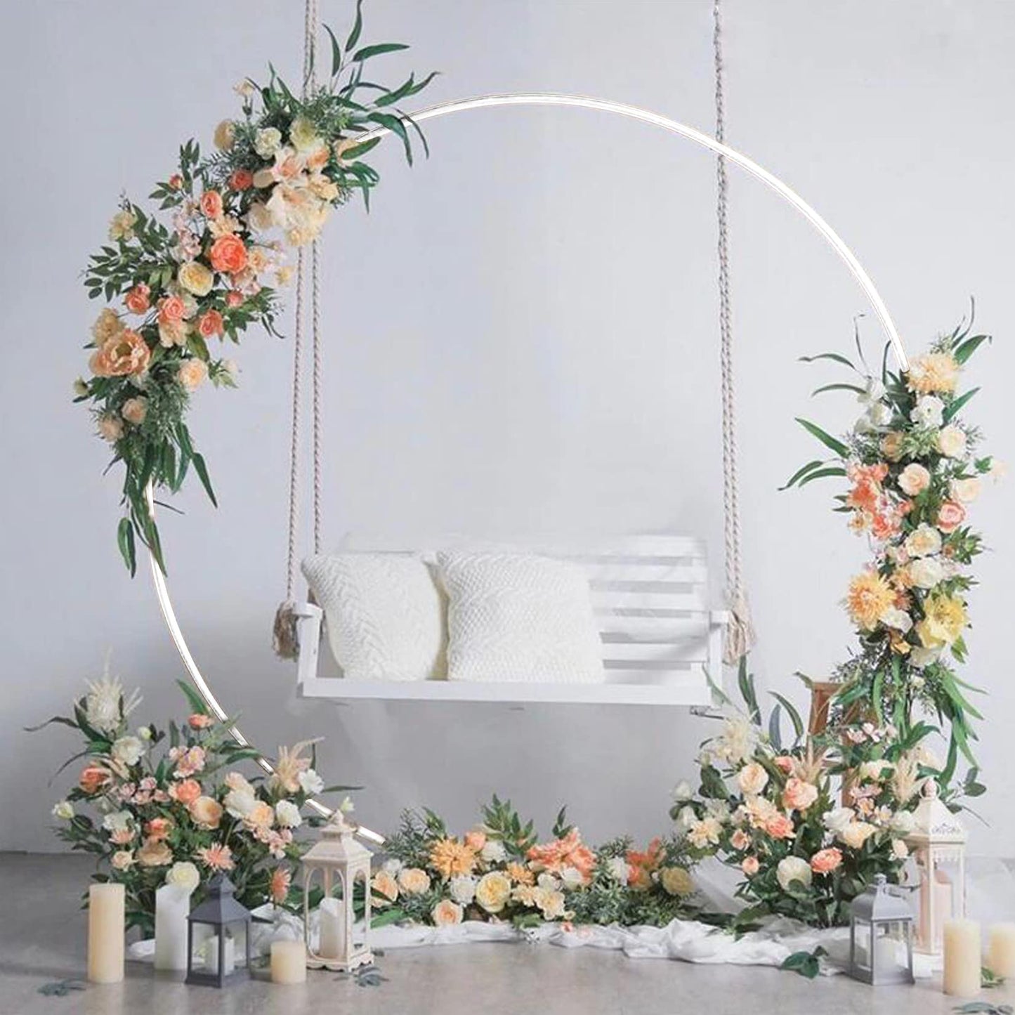 Large White Metal Circular Wedding Arch – 240x200cm Heavy Duty Round Backdrop Frame for Balloons, Flowers & Event Decorations