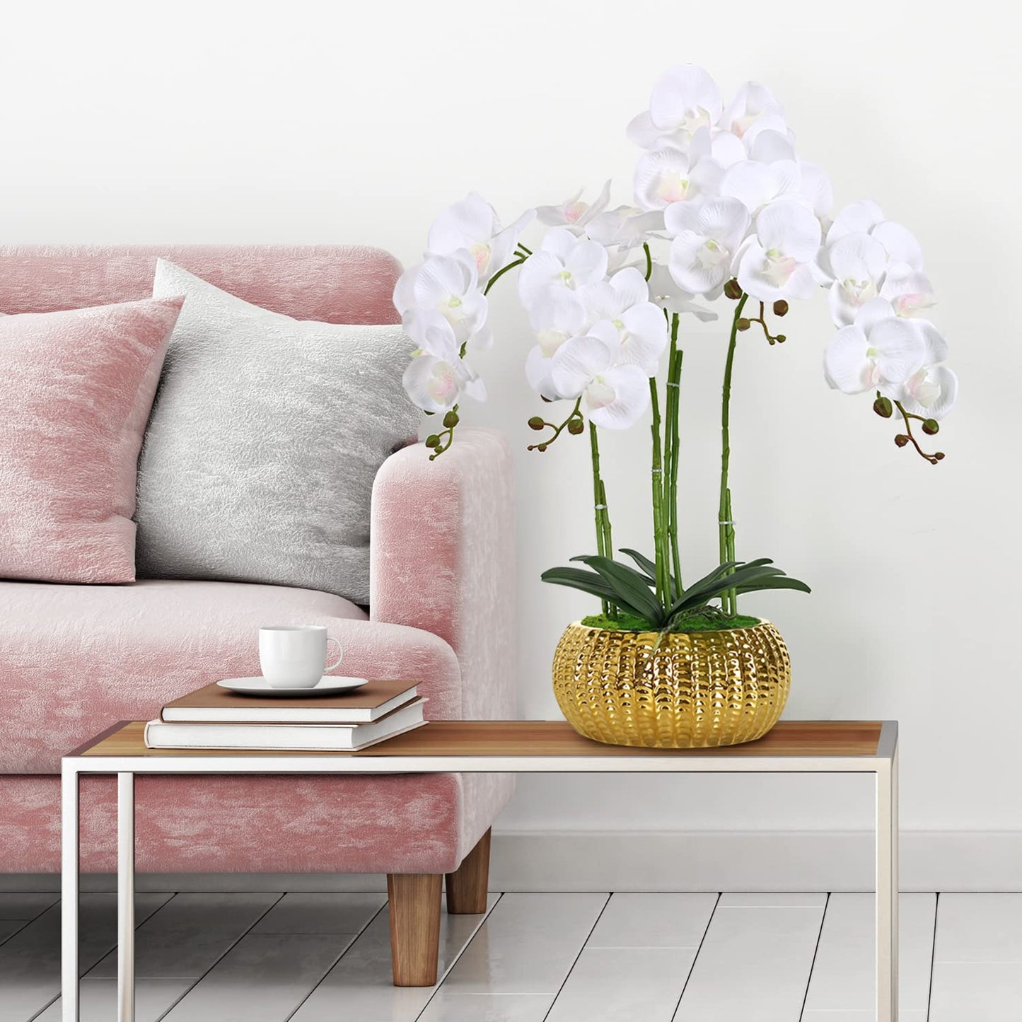 LIVILAN Artificial WhiteArtificial White Orchid Silk Flower with Gold Vase – Faux Phalaenopsis for Home, Kitchen & Table Centerpieces Orchid Silk Flower Fake Plant with Gold Vase - Faux Phalaenopsis for Home Decor, Kitchen, Table Centerpieces