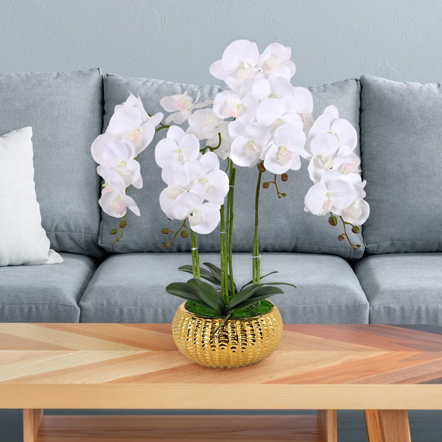 LIVILAN Artificial WhiteArtificial White Orchid Silk Flower with Gold Vase – Faux Phalaenopsis for Home, Kitchen & Table Centerpieces Orchid Silk Flower Fake Plant with Gold Vase - Faux Phalaenopsis for Home Decor, Kitchen, Table Centerpieces