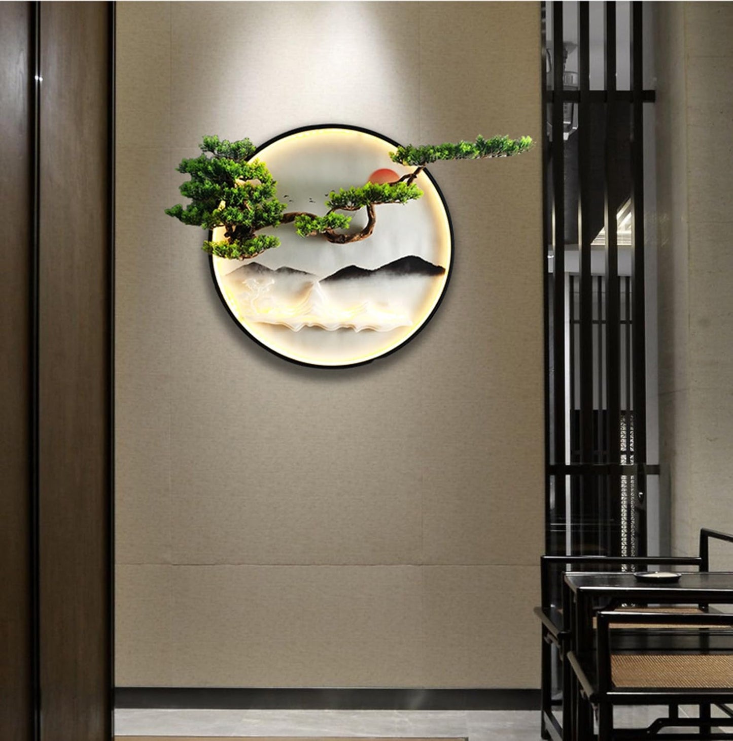 3D Pine Bonsai Wall Sculpture with LED Light – Artistic Wall Décor for Living Room, Office & Entryway
