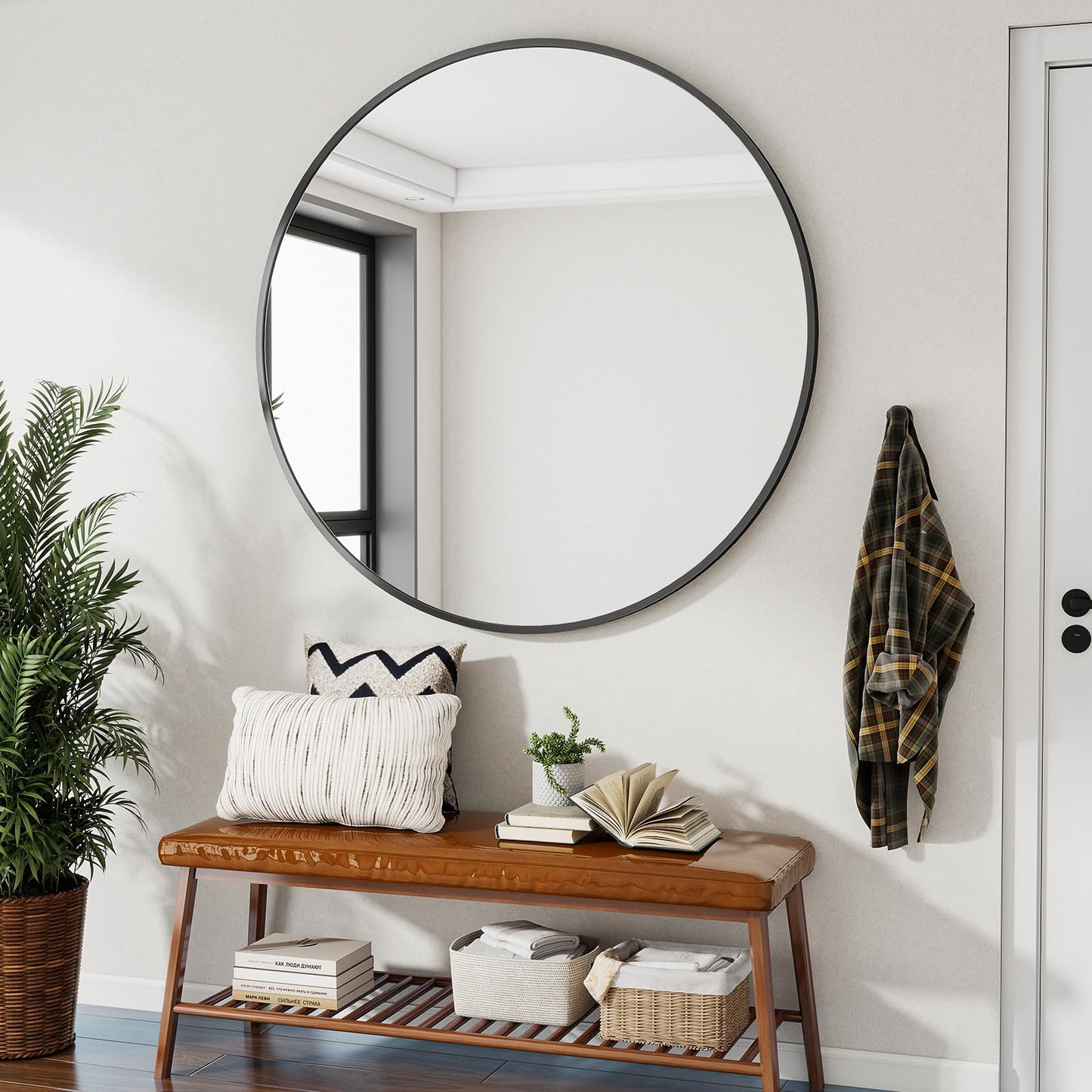 106cm Large Round Wall Mirror – Black Aluminium Alloy Frame, Tempered Glass Decorative Mirror for Bathroom, Bedroom, Living Room & Entryway