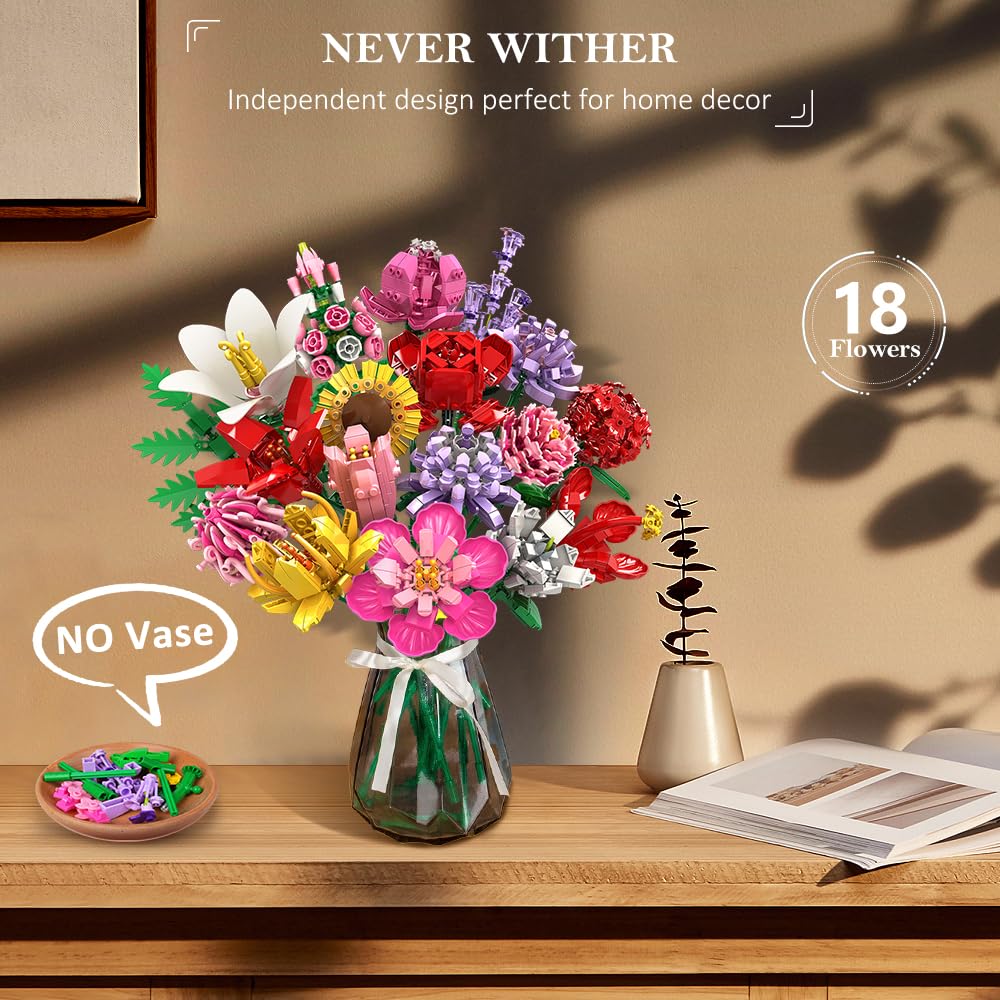 Flower Bouquet Building Set – 1464PCS Artificial Botanical Collection with 18 Stems, Creative Gift for Adults & Teens, Home Décor