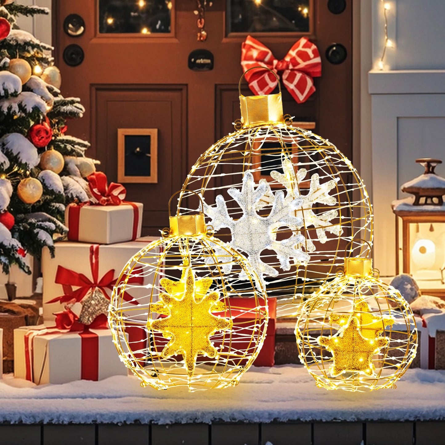 3-Piece Christmas LED Ball Light Set – Golden Hanging Sphere Ornaments with 732 LED Lights & Metal Frame – Indoor/Outdoor Holiday Decoration