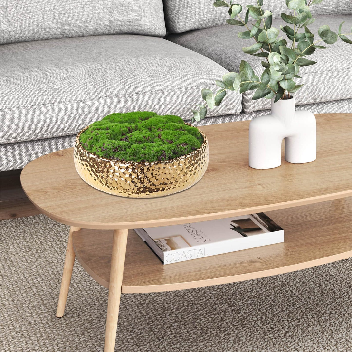 Handmade Golden Ceramic Moss Bowl – 9.5" Artificial Moss Centerpiece for Home, Office & Living Room Décor