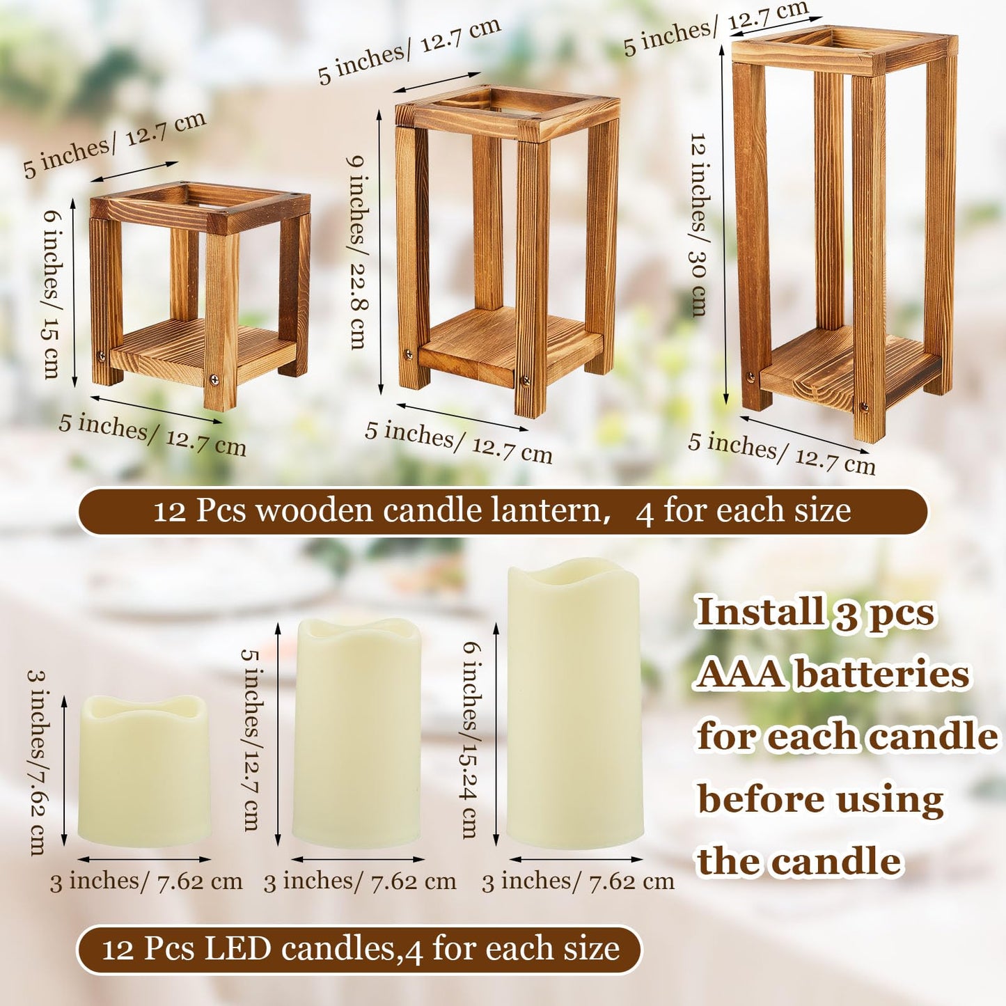 24-Piece Wooden Candle Lantern Set with 12 Rustic Lantern Centerpieces & 12 Flameless LED Candles – Wedding & Event Table Decorations (Brown)