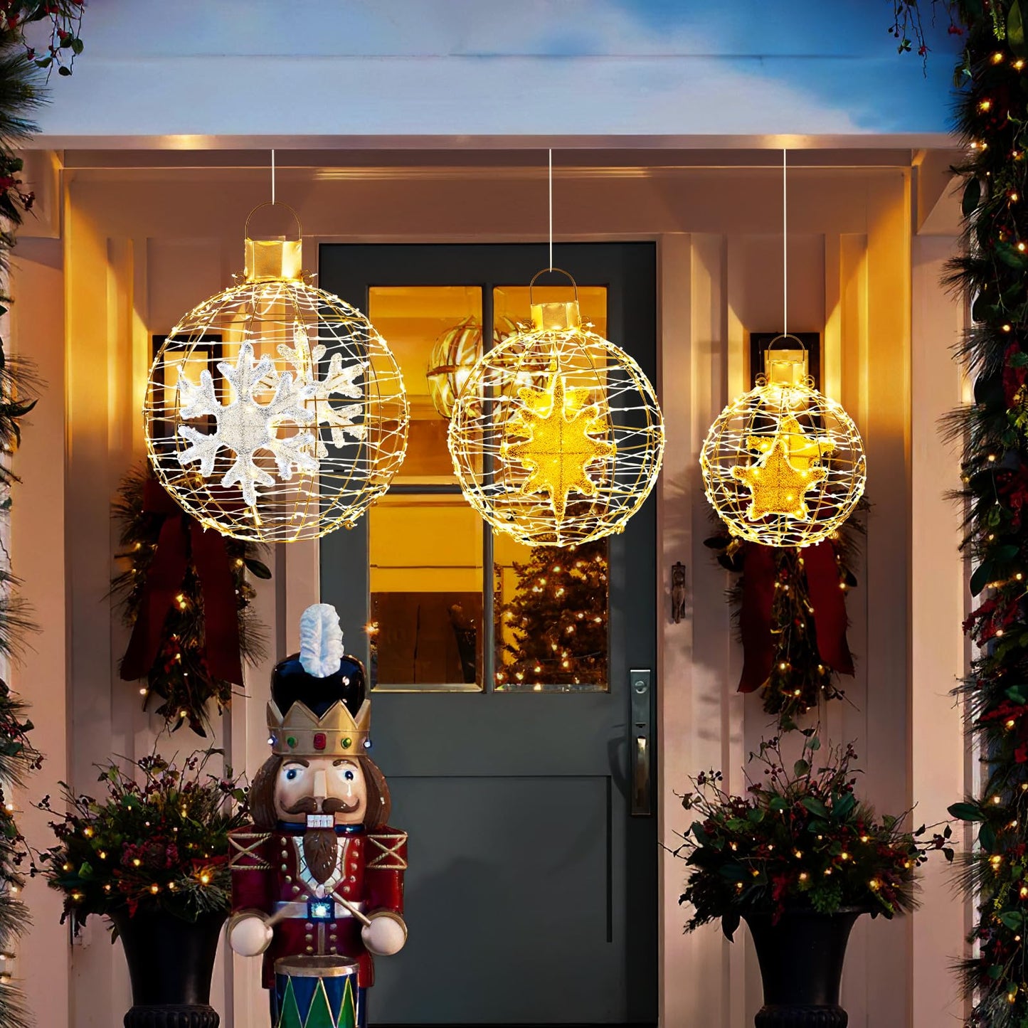 3-Piece Christmas LED Ball Light Set – Golden Hanging Sphere Ornaments with 732 LED Lights & Metal Frame – Indoor/Outdoor Holiday Decoration