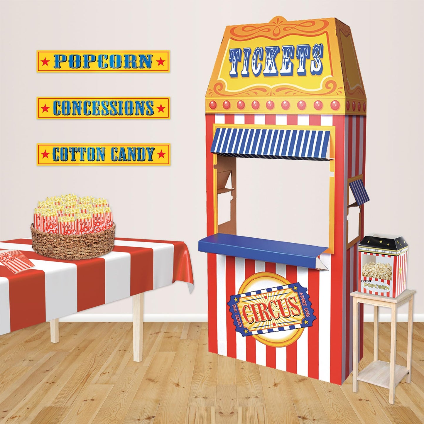 Beistle 3D Circus Ticket Booth Photo Prop – 6' Carnival-Themed Party Decoration in Red, White, Blue, Yellow & Orange