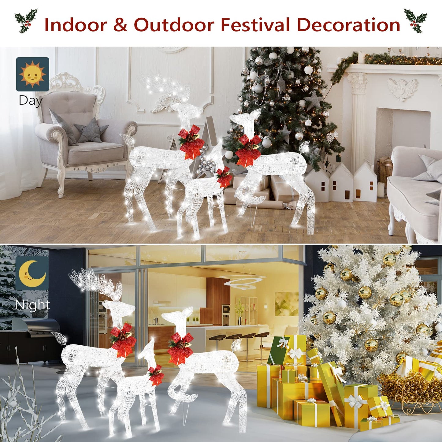 3-Piece Lighted Reindeer Christmas Decoration Set – Pre-Lit 270 LED Deer Family with Remote, Timer & Ground Stakes – Indoor/Outdoor Plug-In Ornament