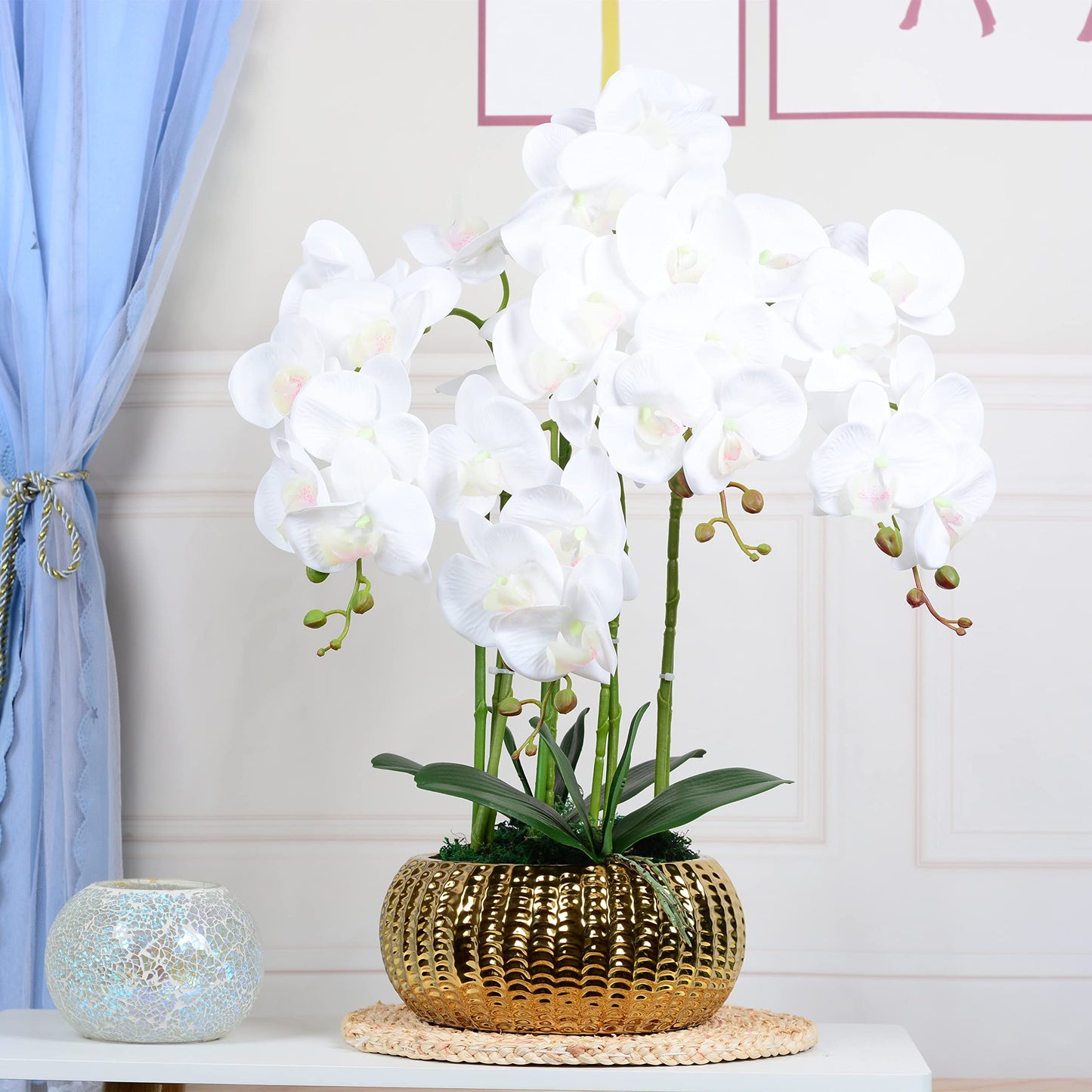 LIVILAN Artificial WhiteArtificial White Orchid Silk Flower with Gold Vase – Faux Phalaenopsis for Home, Kitchen & Table Centerpieces Orchid Silk Flower Fake Plant with Gold Vase - Faux Phalaenopsis for Home Decor, Kitchen, Table Centerpieces