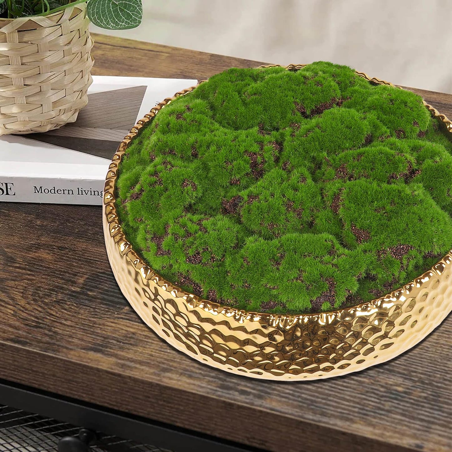Handmade Golden Ceramic Moss Bowl – 9.5" Artificial Moss Centerpiece for Home, Office & Living Room Décor