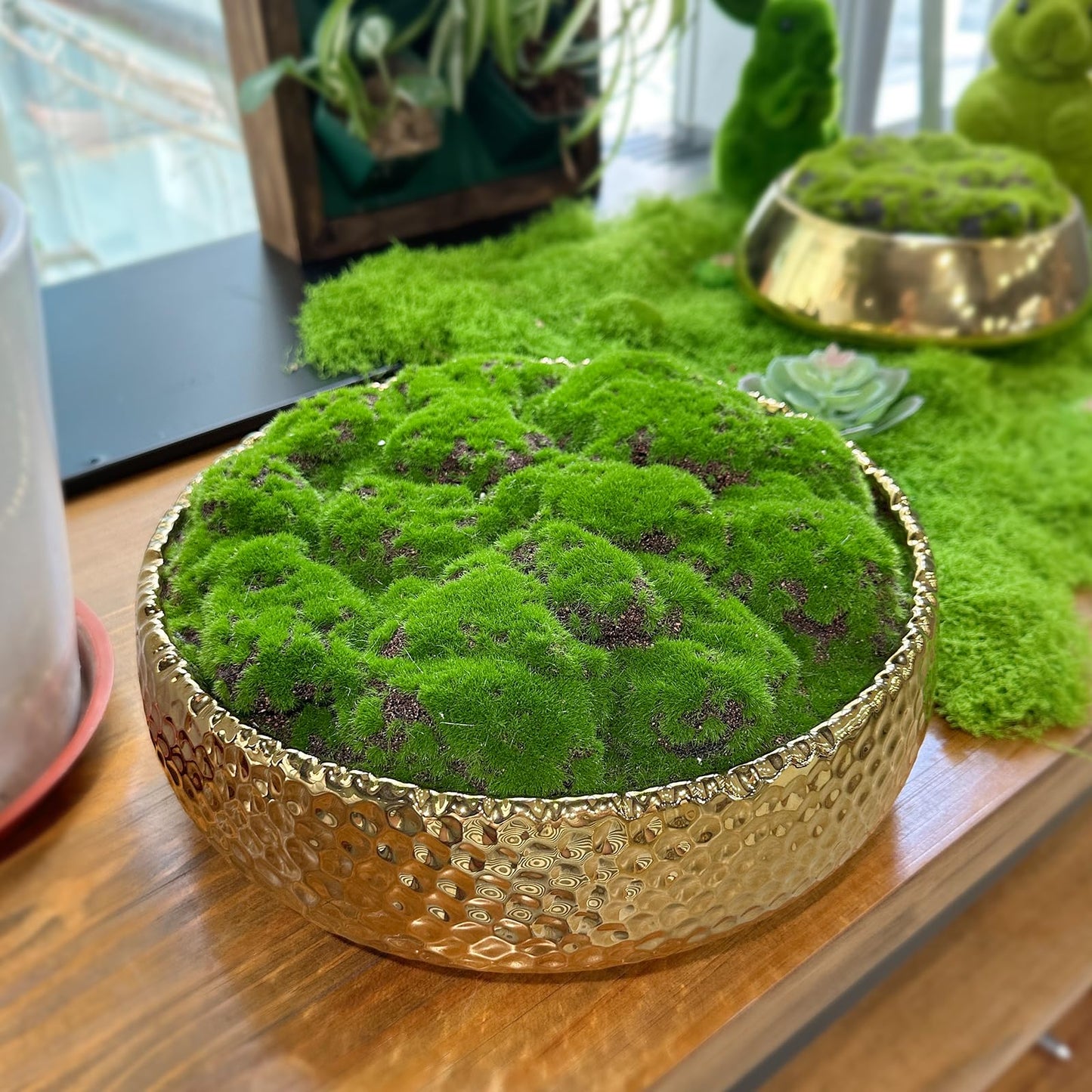 Handmade Golden Ceramic Moss Bowl – 9.5" Artificial Moss Centerpiece for Home, Office & Living Room Décor