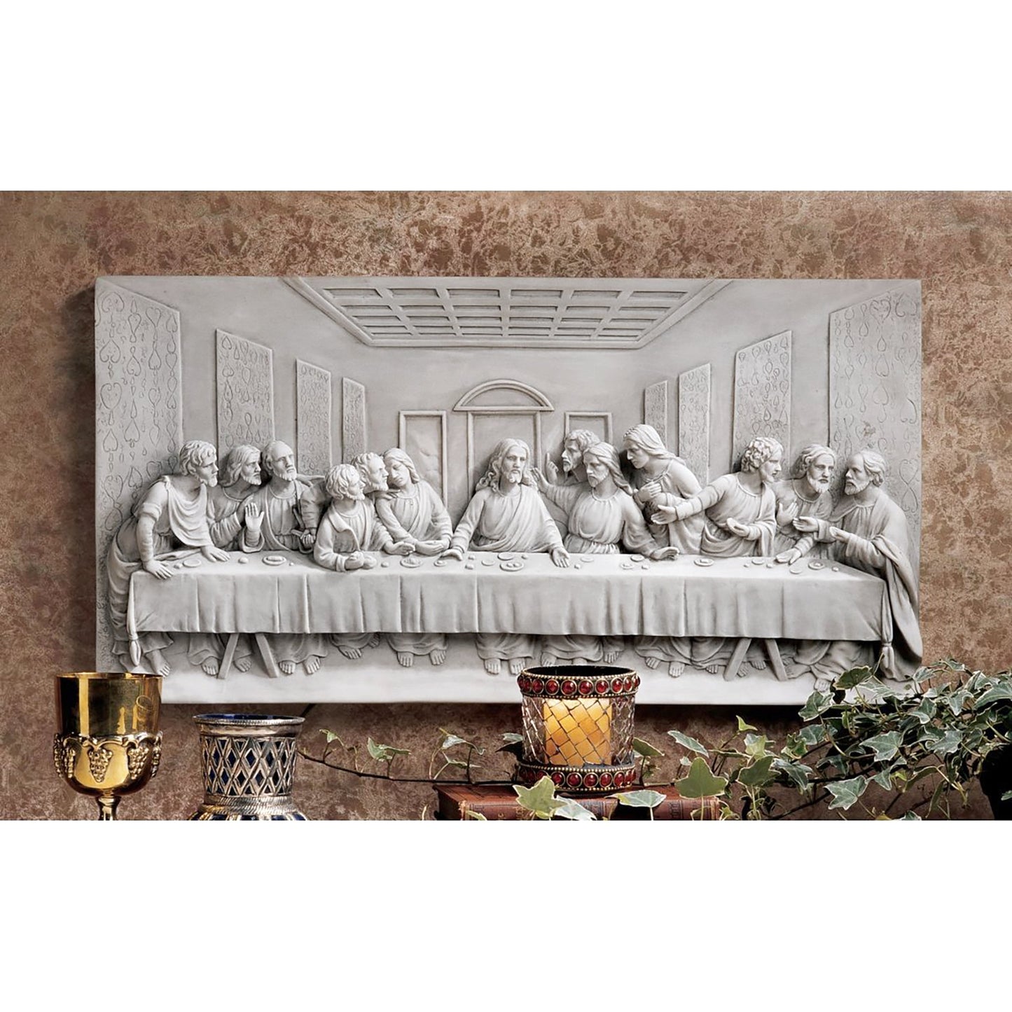Design Toscano The Last Supper Religious Wall Frieze Sculpture, 58 cm, Polyresin, Antique Stone