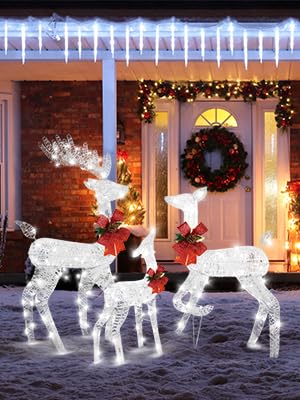 3-Piece Lighted Reindeer Christmas Decoration Set – Pre-Lit 270 LED Deer Family with Remote, Timer & Ground Stakes – Indoor/Outdoor Plug-In Ornament