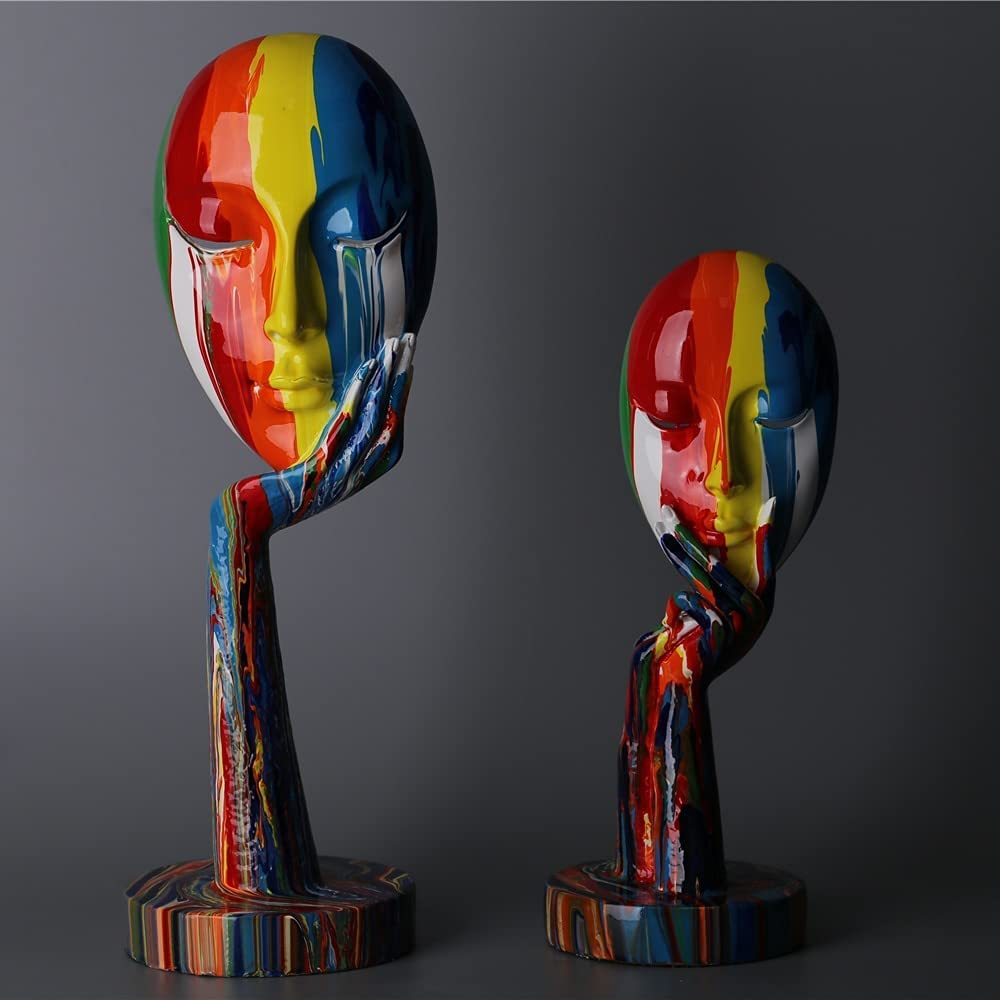 Abstract Colorful Woman Face Statue – Modern Thinker Lady Sculpture, Resin Art Décor for Living Room, Office & Home Interiors (Small, 30cm)