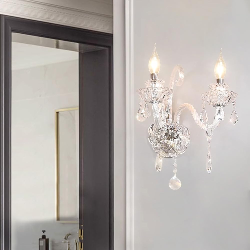 SWEMOPP White Crystal Wall Sconce – 2-Light LED French Country Wall Lamp for Bedroom, Bathroom & Living Room