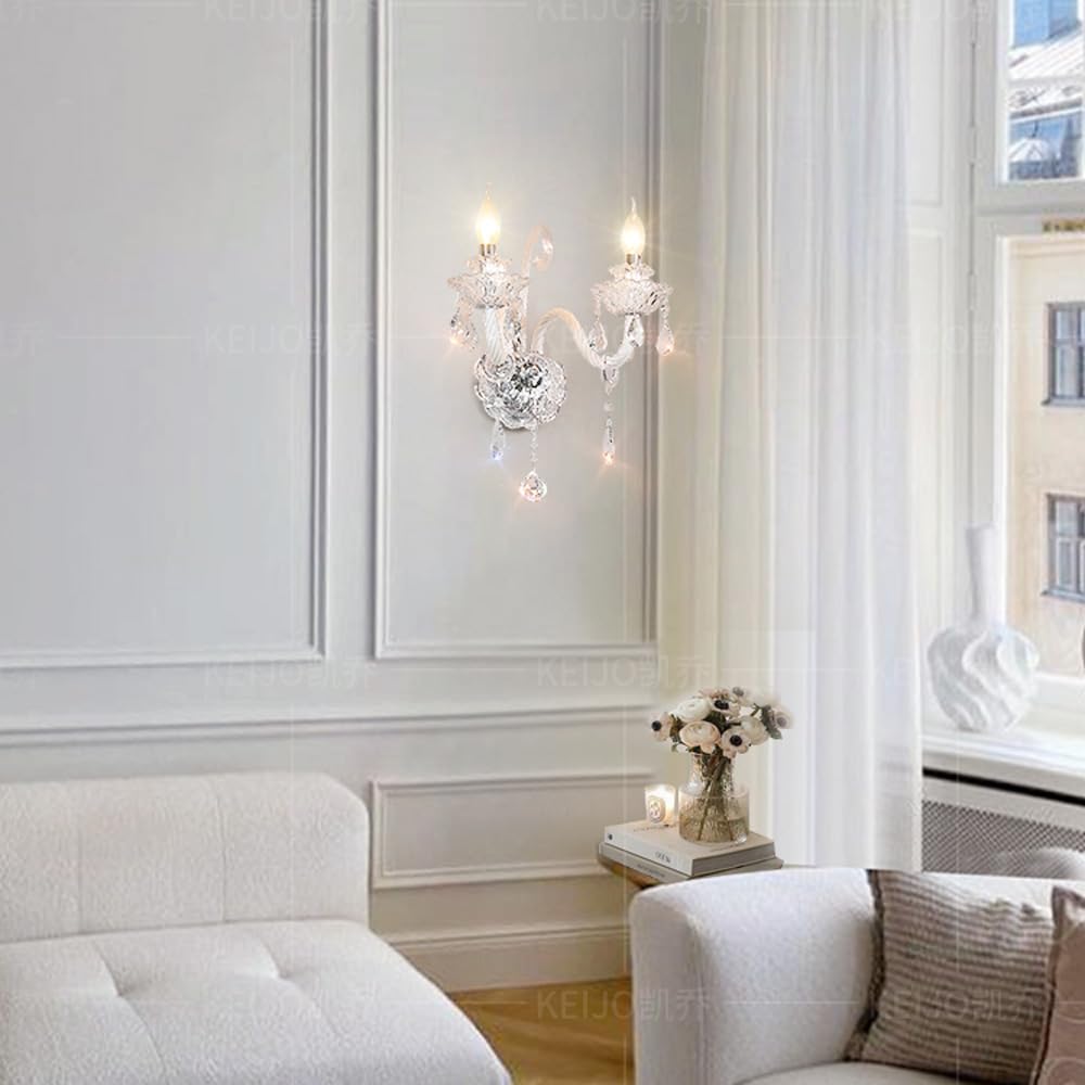 SWEMOPP White Crystal Wall Sconce – 2-Light LED French Country Wall Lamp for Bedroom, Bathroom & Living Room