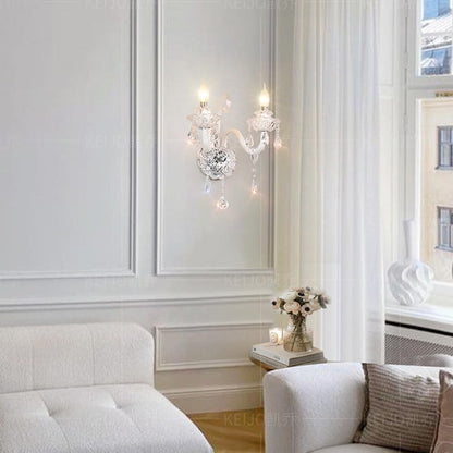 SWEMOPP White Crystal Wall Sconce – 2-Light LED French Country Wall Lamp for Bedroom, Bathroom & Living Room
