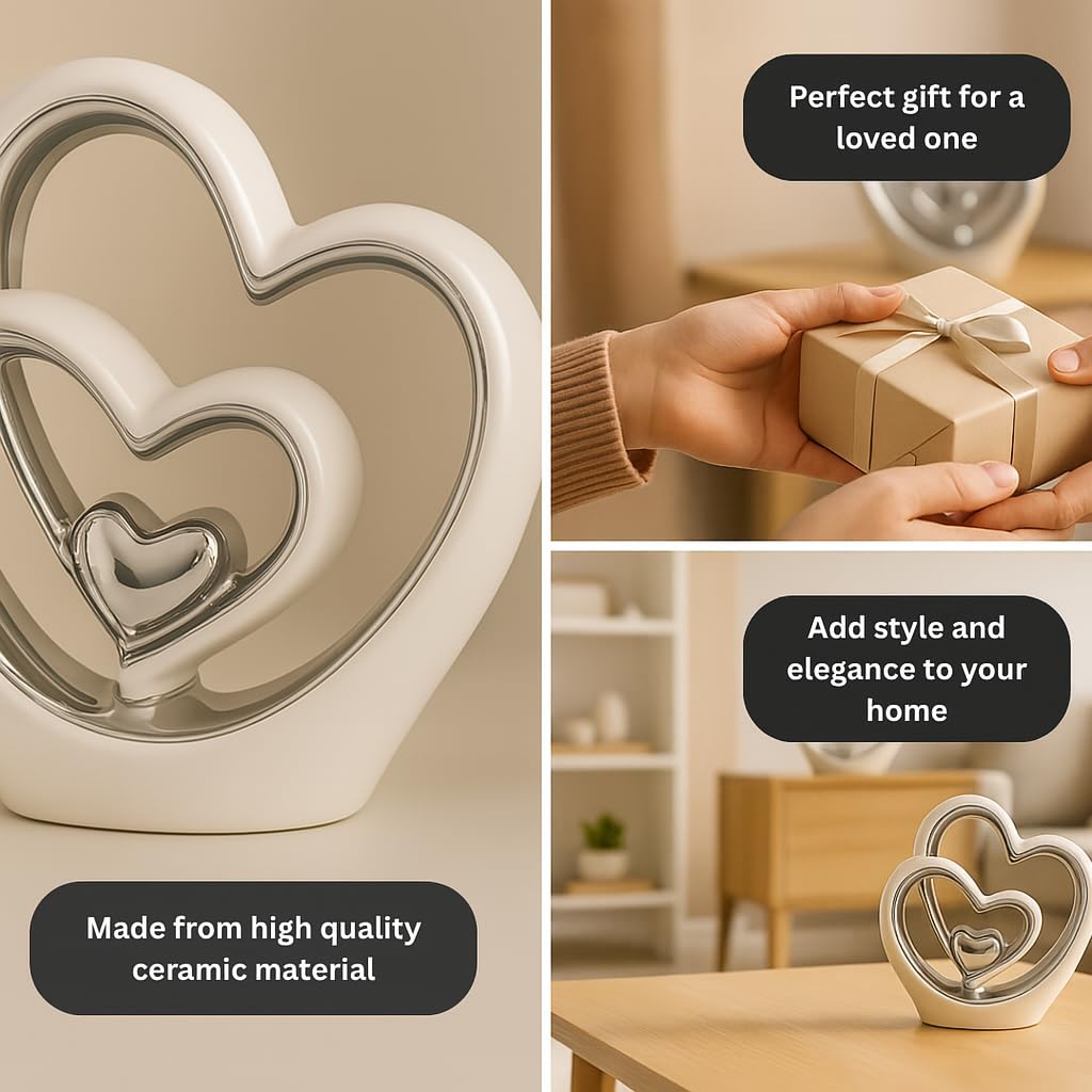 Silver Heart Ornament – Modern Couple Sculpture, White & Silver Ceramic Decoration, Romantic Wedding & Anniversary Gift (25.5cm)