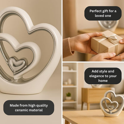 Silver Heart Ornament – Modern Couple Sculpture, White & Silver Ceramic Decoration, Romantic Wedding & Anniversary Gift (25.5cm)