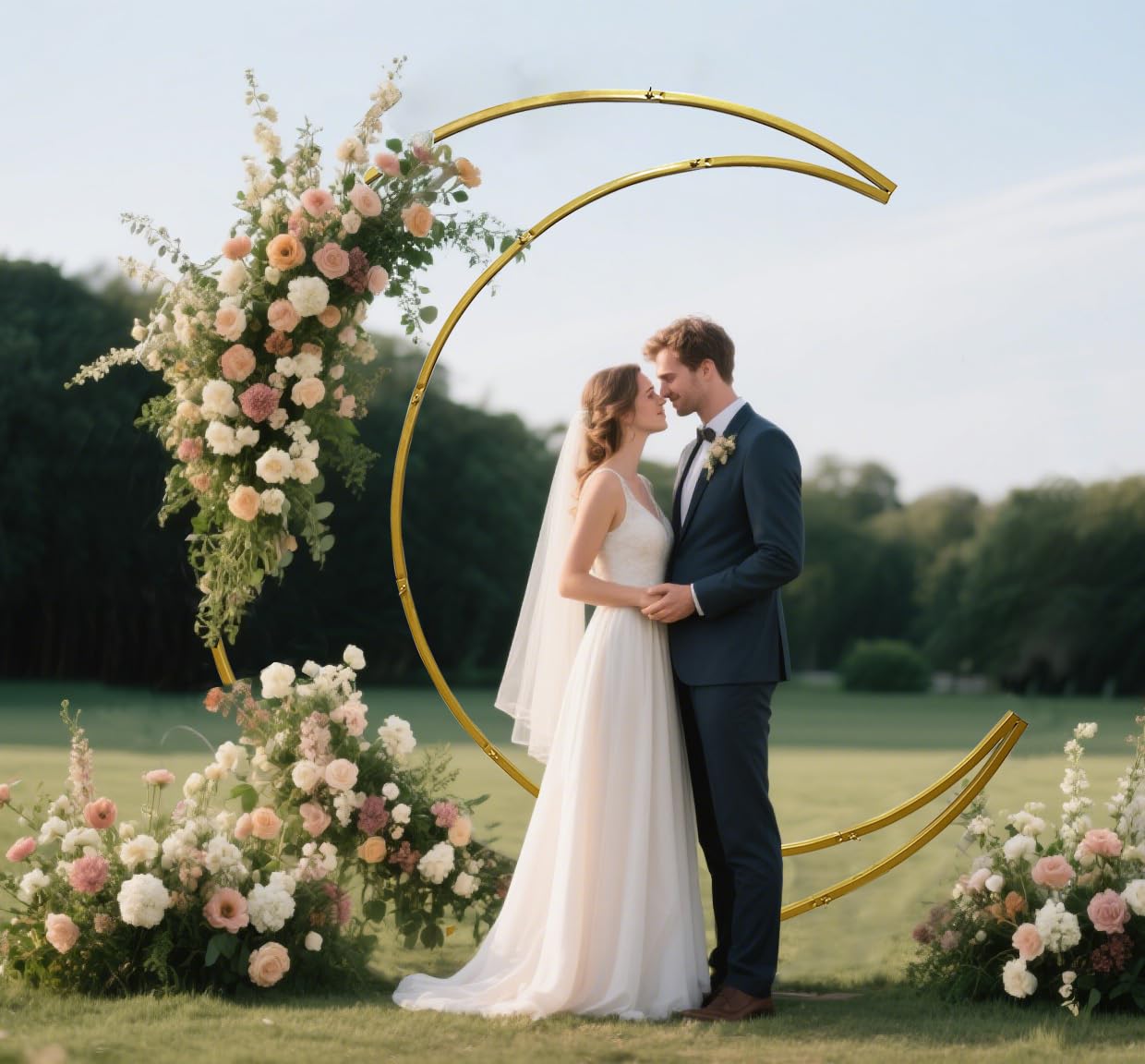 6.6FT Curved Moon Balloon Arch Stand – Gold Metal Wedding Backdrop Frame with Rectangular Base, Perfect for Weddings, Baby Showers & Parties
