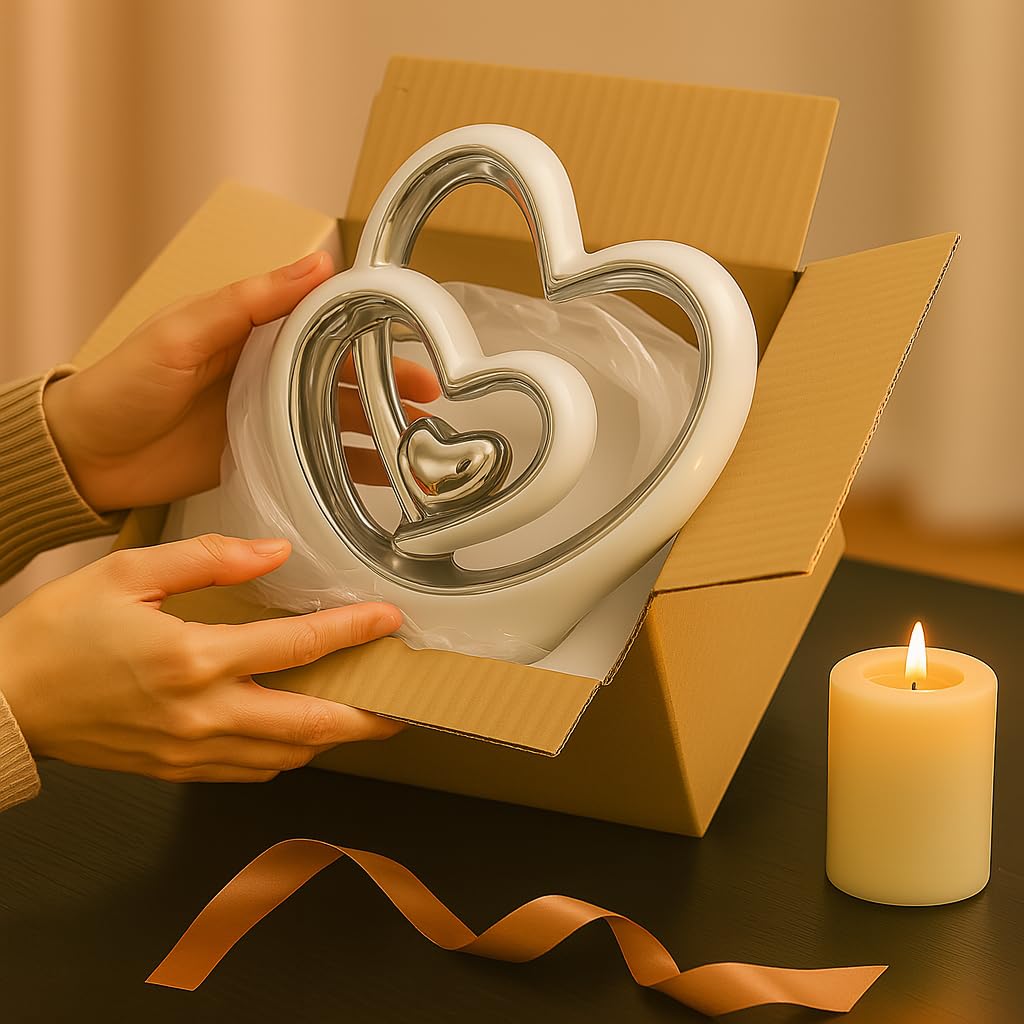Silver Heart Ornament – Modern Couple Sculpture, White & Silver Ceramic Decoration, Romantic Wedding & Anniversary Gift (25.5cm)