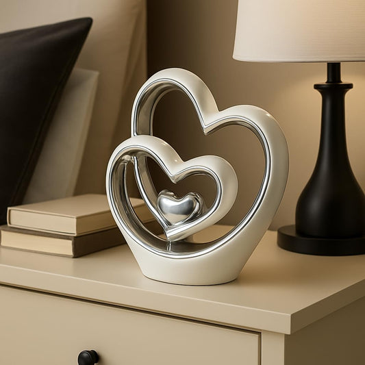 Silver Heart Ornament – Modern Couple Sculpture, White & Silver Ceramic Decoration, Romantic Wedding & Anniversary Gift (25.5cm)