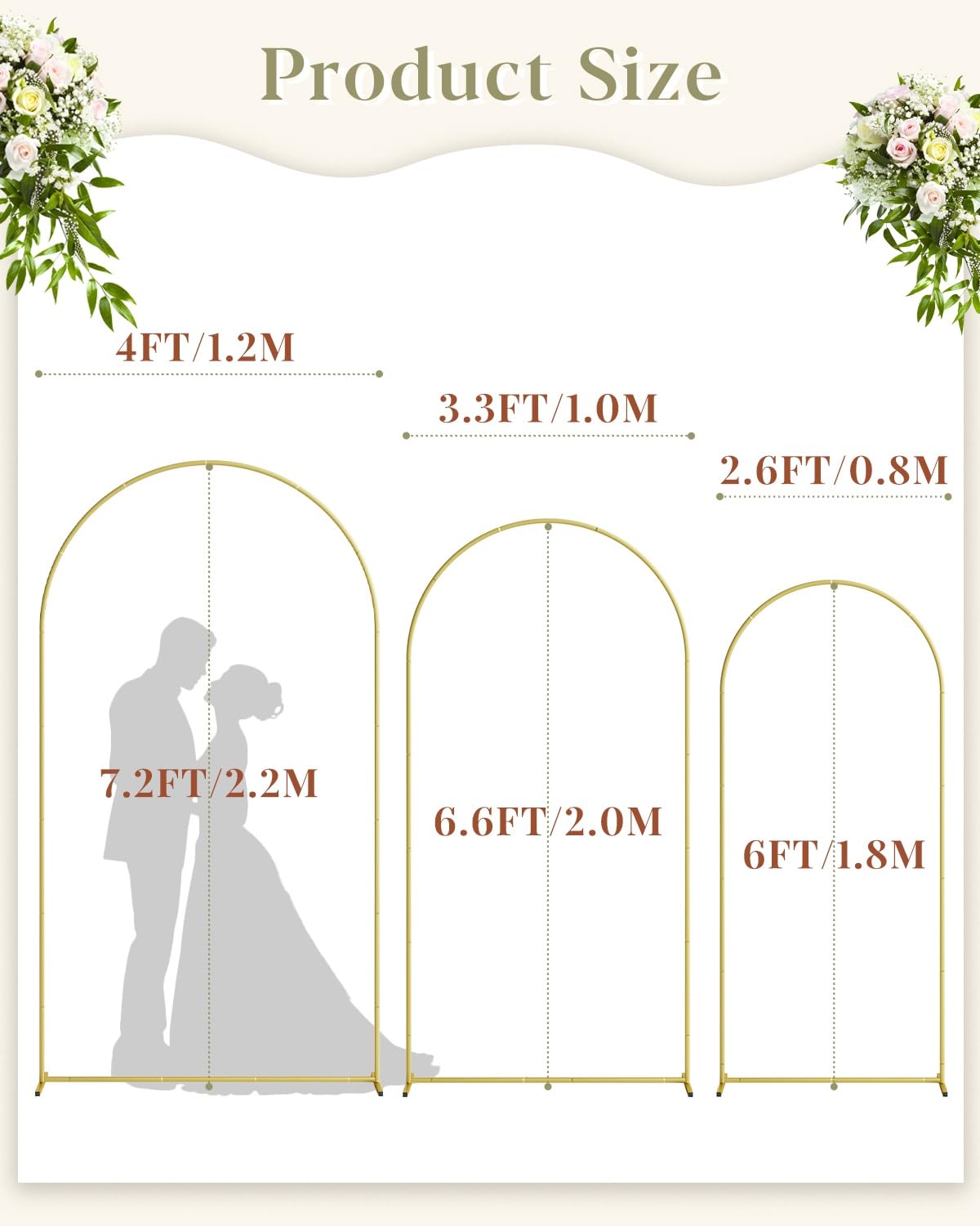 Set of 3 Gold Metal Wedding Arch Backdrop Stands – 7.2FT, 6.6FT, 6FT Balloon Arch Frames for Ceremony, Reception & Event Decorations