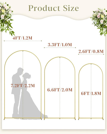 Set of 3 Gold Metal Wedding Arch Backdrop Stands – 7.2FT, 6.6FT, 6FT Balloon Arch Frames for Ceremony, Reception & Event Decorations