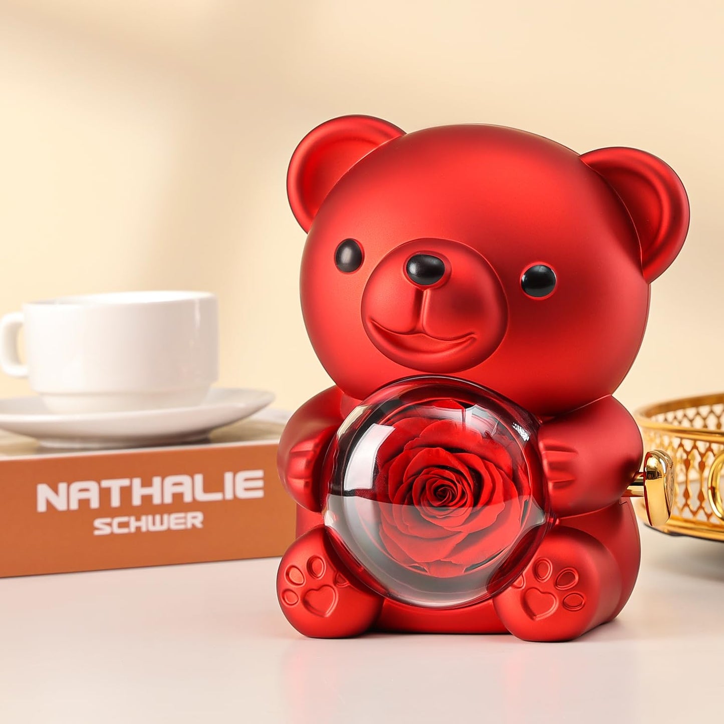 Romantic Teddy Bear with Preserved Red Rose, Hidden Jewelry Box & Heart Necklace – Unique Gift for Valentine’s, Anniversaries & Weddings
