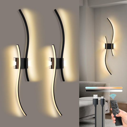 Set of 2 Rechargeable Wireless Wall Lights – 100cm Battery Operated Sconces with Remote, Dimmable & Color Adjustable (3000K–6500K, Black)