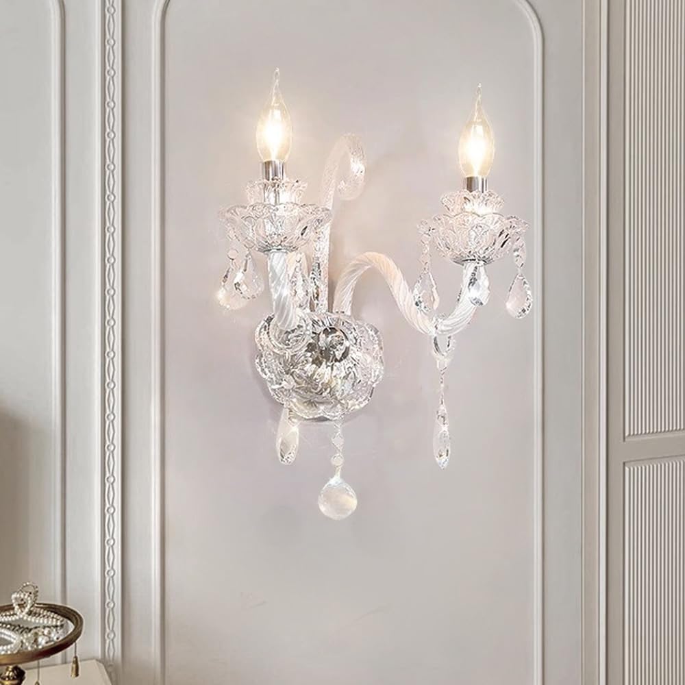 SWEMOPP White Crystal Wall Sconce – 2-Light LED French Country Wall Lamp for Bedroom, Bathroom & Living Room