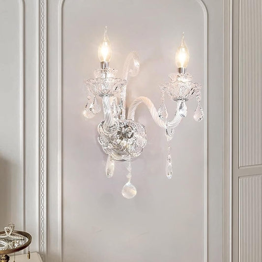 SWEMOPP White Crystal Wall Sconce – 2-Light LED French Country Wall Lamp for Bedroom, Bathroom & Living Room
