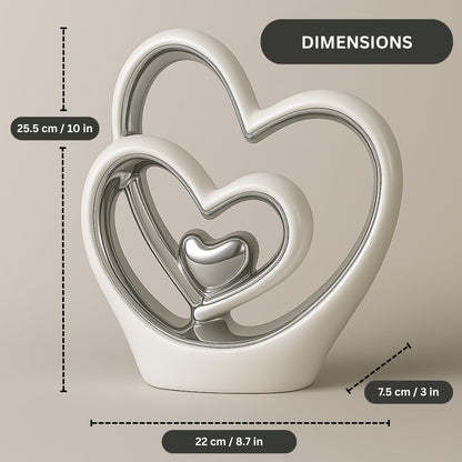 Silver Heart Ornament – Modern Couple Sculpture, White & Silver Ceramic Decoration, Romantic Wedding & Anniversary Gift (25.5cm)