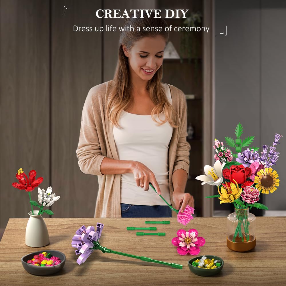 Flower Bouquet Building Set – 1464PCS Artificial Botanical Collection with 18 Stems, Creative Gift for Adults & Teens, Home Décor