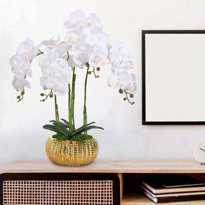 LIVILAN Artificial WhiteArtificial White Orchid Silk Flower with Gold Vase – Faux Phalaenopsis for Home, Kitchen & Table Centerpieces Orchid Silk Flower Fake Plant with Gold Vase - Faux Phalaenopsis for Home Decor, Kitchen, Table Centerpieces