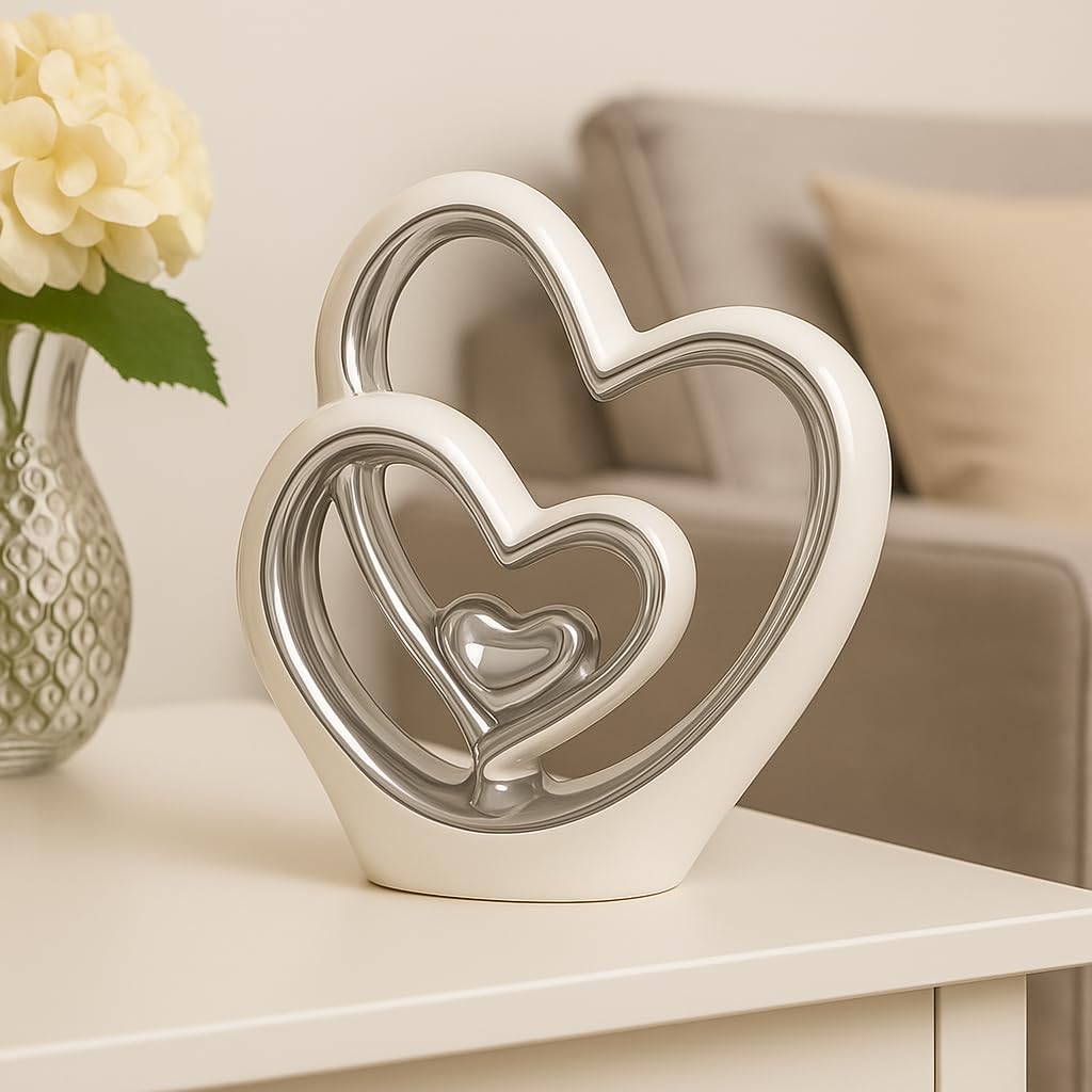 Silver Heart Ornament – Modern Couple Sculpture, White & Silver Ceramic Decoration, Romantic Wedding & Anniversary Gift (25.5cm)