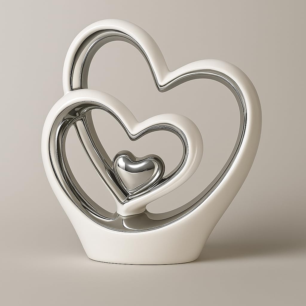 Silver Heart Ornament – Modern Couple Sculpture, White & Silver Ceramic Decoration, Romantic Wedding & Anniversary Gift (25.5cm)