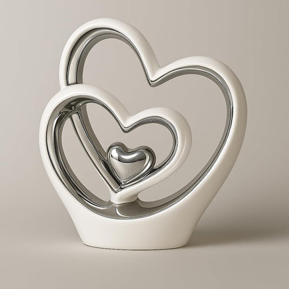 Silver Heart Ornament – Modern Couple Sculpture, White & Silver Ceramic Decoration, Romantic Wedding & Anniversary Gift (25.5cm)