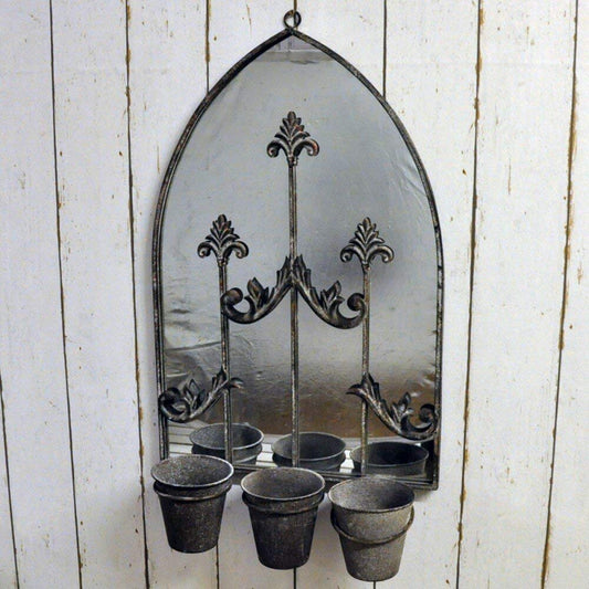 Wall Mirror with Triple Planter – Decorative Metal Frame with Pots for Home & Garden