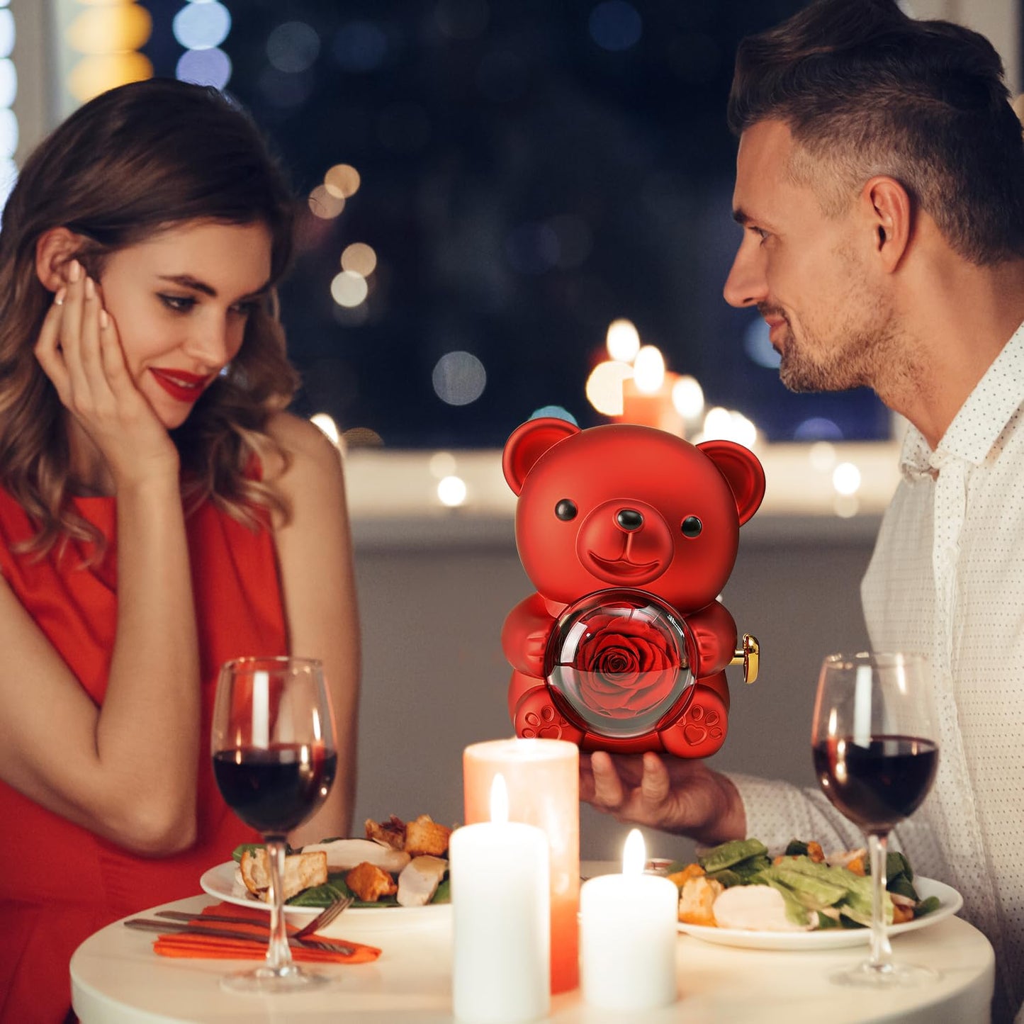 Romantic Teddy Bear with Preserved Red Rose, Hidden Jewelry Box & Heart Necklace – Unique Gift for Valentine’s, Anniversaries & Weddings