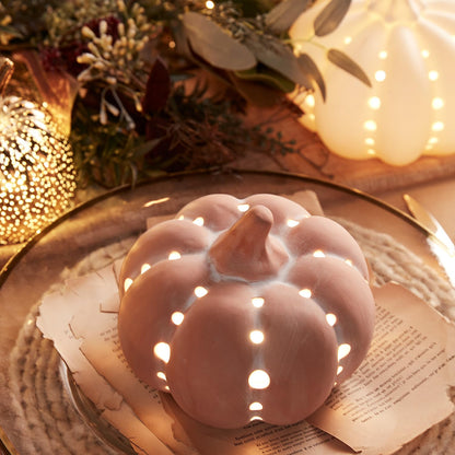 Set of 2 Terracotta Pumpkin Decorations – Battery Operated with Warm White LED & Timer, Indoor/Outdoor Halloween & Autumn Décor