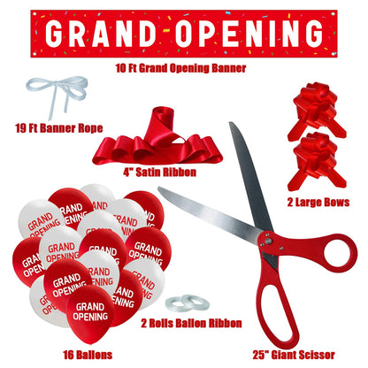 Grand Opening Ceremony Kit – 25" Giant Scissors, Red Satin Ribbon, Banner, Balloons & Decorations for Business